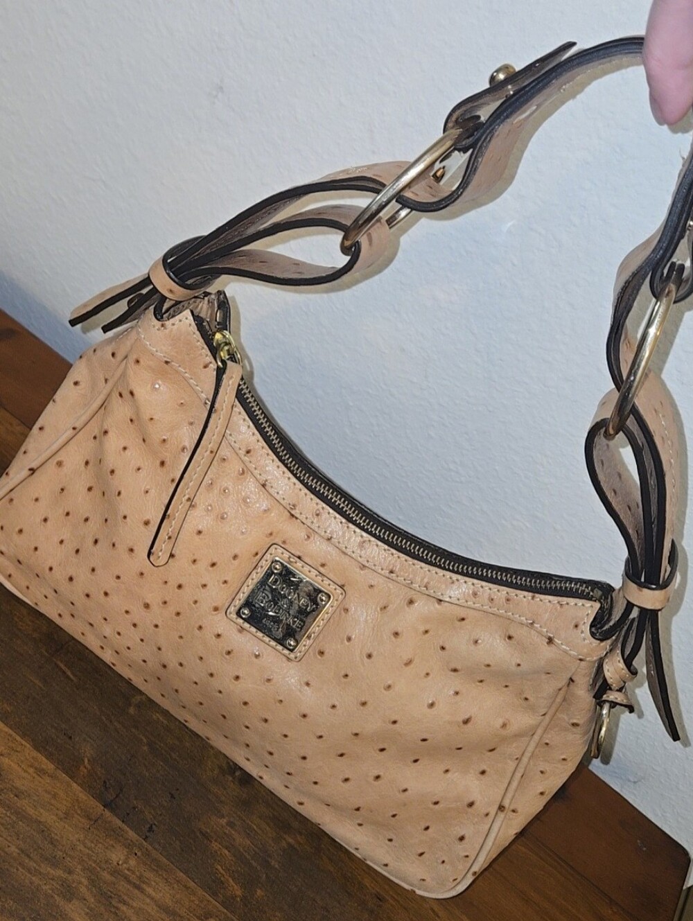 Dooney & Bourke Tan Pebbled Shoulder Bag with Chain-Link Strap